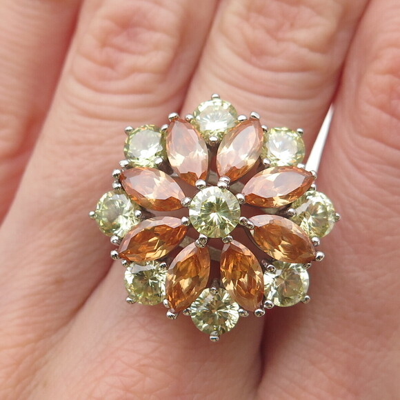 Unbranded Other - 925 Sterling Silver Marquise-Cut Orange & Round-Cut Green C Z Ring Size 7.25